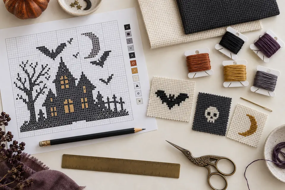 Spooky cross stitch planning with a symbol chart, fabric swatches and test motifs