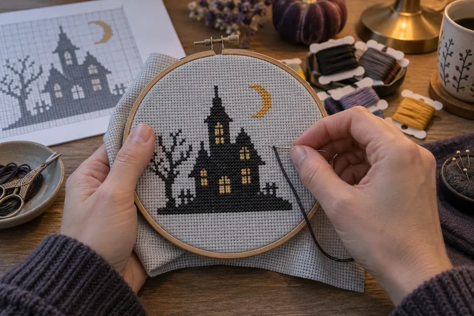 Hands stitching a dark haunted house silhouette and crescent moon on pale Aida