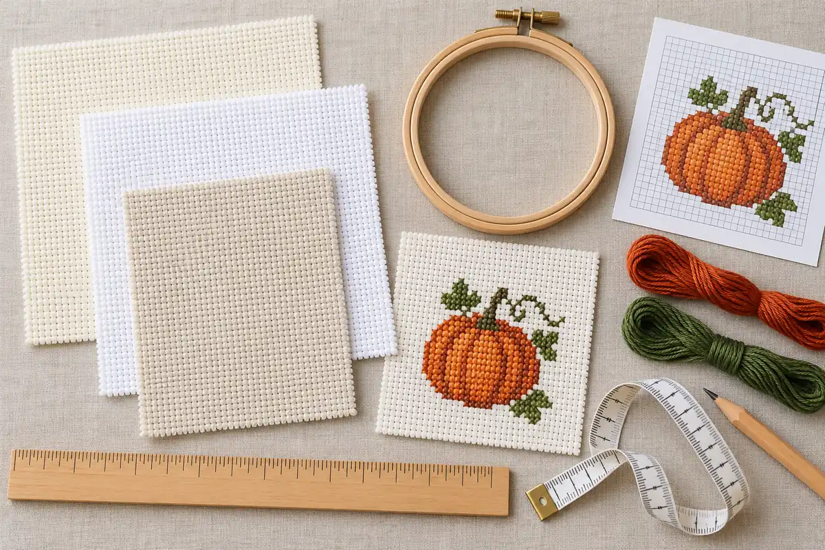 Aida fabric swatches, measuring tools and a small pumpkin cross stitch arranged for size planning