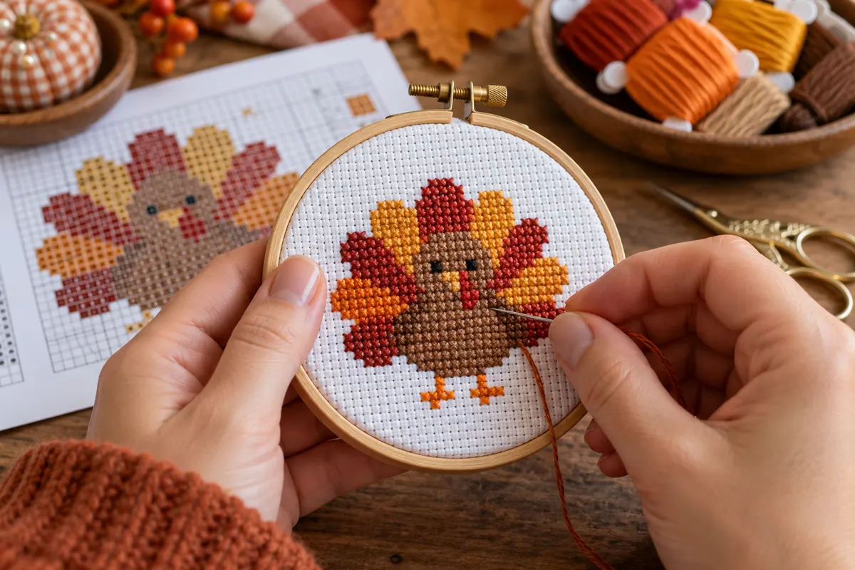 Hands stitching a small turkey cross stitch in a wooden hoop on white Aida
