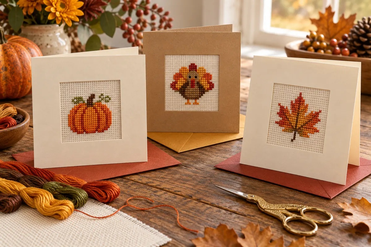 Three handmade Thanksgiving cards with pumpkin, turkey and autumn leaf cross stitch motifs