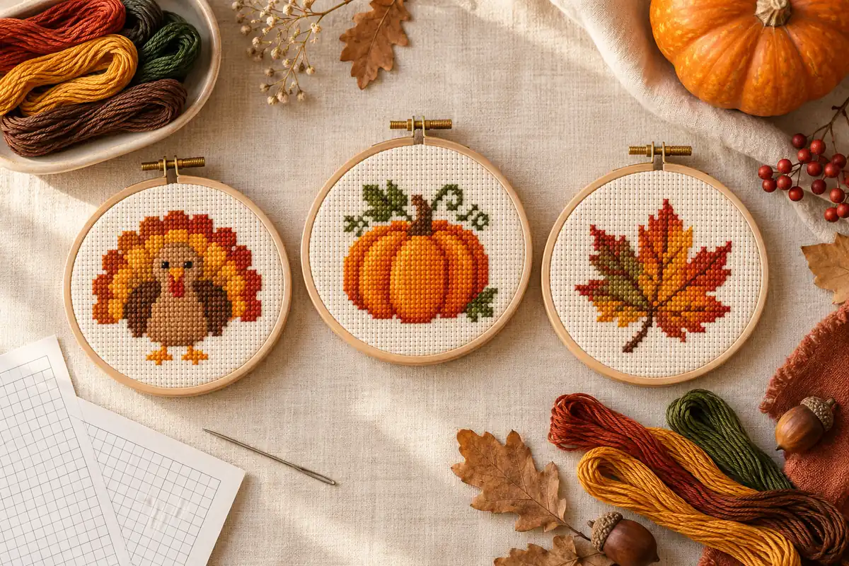 Three Thanksgiving cross stitch hoops with a turkey, pumpkin and autumn leaf